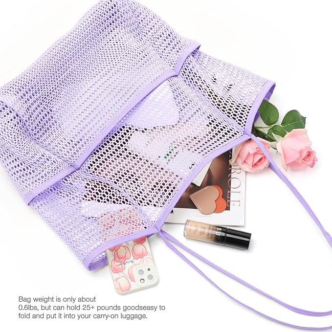 KPX Beach Bag with Mini Pocket, Beach Tote Bags for Women Large Foldable Mesh Swimming Pool Travel Bags - Sandproof