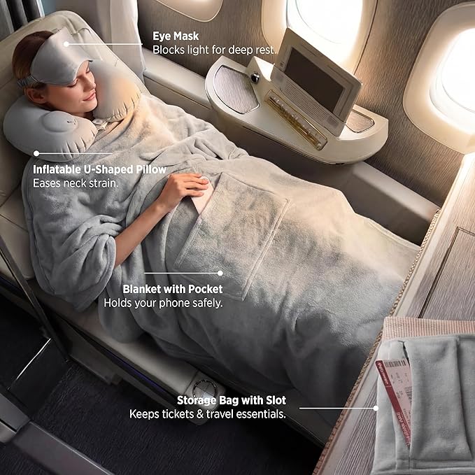 Bedsure Travel Blanket and Pillow Set with Inflatable Neck Pillows, Eye Mask and Storage Bag, Lightweight 3-in-1 Airplane Packable Blanket, Compact Travel Essentials, Grey