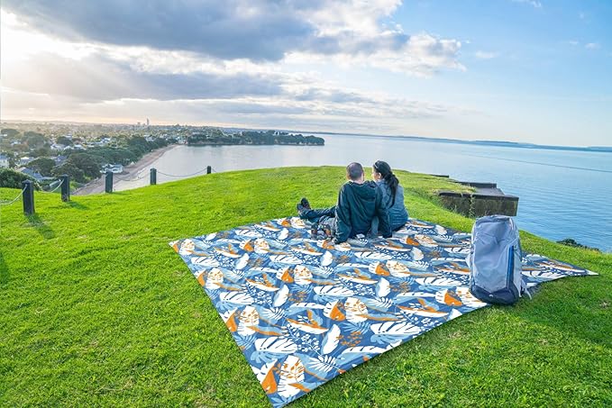 WEKAPO Beach Blanket Waterproof Sandproof Oversized, Extra Large Beach Mat Sand Free, Lightweight & Compact Sand Free Mat with 6 Stakes & 4 Corner Pockets