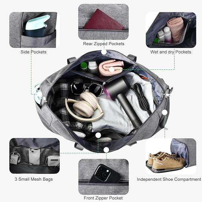Carry on luaggage 22x14x9 Airlines Approved, Foldable Travel Duffel Bags Weekender Overnight Carry on Duffel Luggage Gym Duffle Bag with Wet Pocket & Shoe Compartment for Women Men(Grey, 40L)