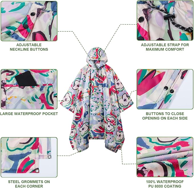 Hooded Rain Poncho for Adults - Waterproof Rain Coat and Lightweight Jacket 3-in-1 Multi-Function with Pockets