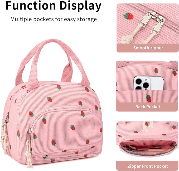 Lunch Bag Women Lunch Box for Women Adult Cute Insulated Lunch Bag Small Cooler Lunch Tote Bags for Work Picnic School (Pink-Strawberry)