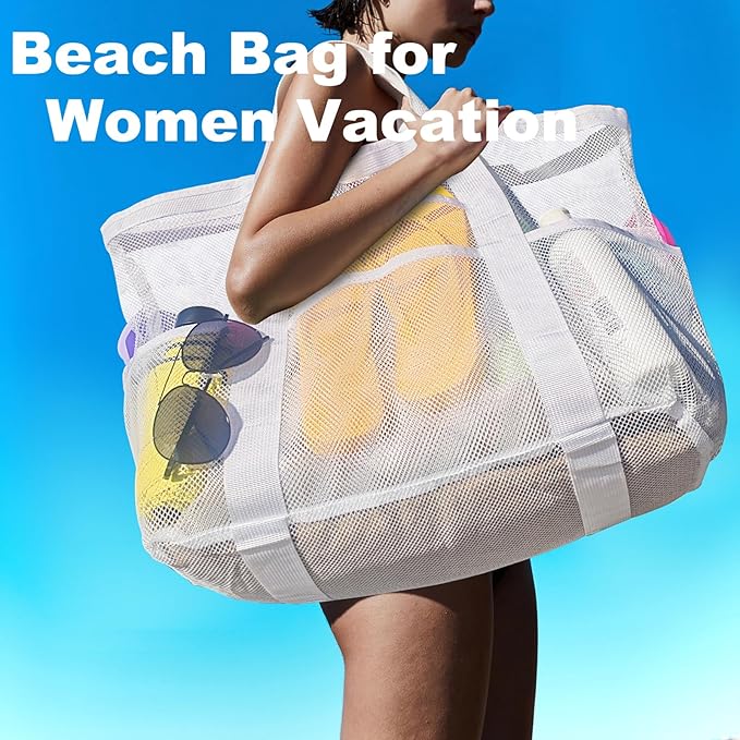 Mesh Beach Bag,Large Beach Bags for Women with 8 Pockets,Packable Tote Bag for Beach Cruise Pool Vacation Essentials
