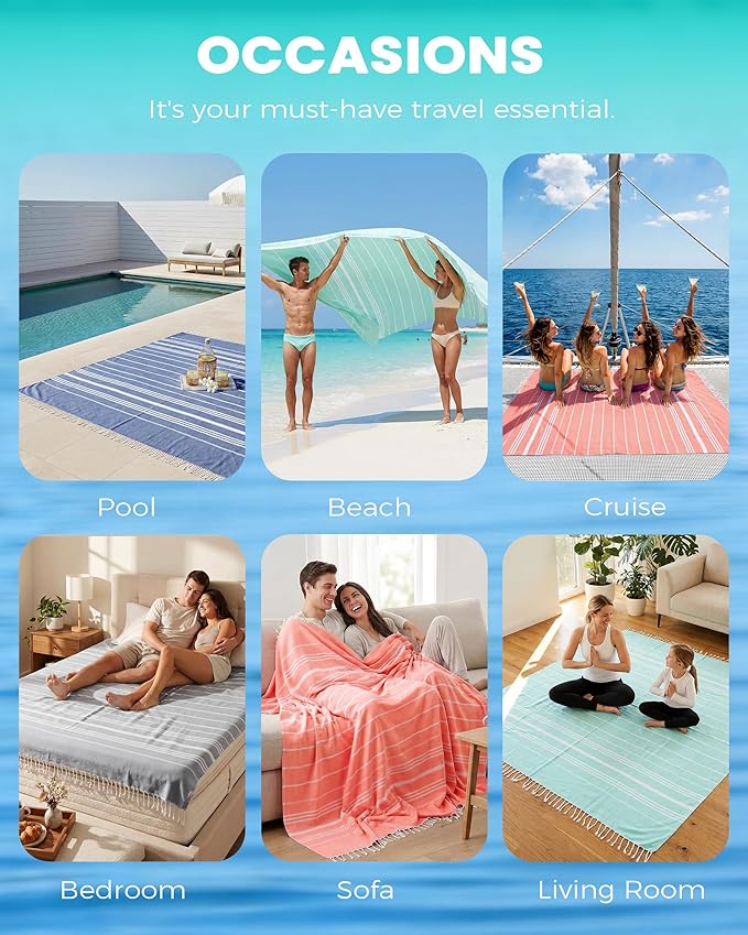 2 Pack Giant Huge Thin Boho Throw Blanket Turkish Beach Blanket Towel Jumbo Extra Large XXL Oversized Outdoor Picnic Accessories Airplane Travel Essentials Camping Gears Must Haves Yard Yoga Mat Aqua