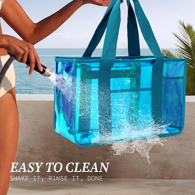 Iridescent Clear Beach Bag for Women, Large Pool Tote Cruise Vacation Essentials - Waterproof, Zipper Closure