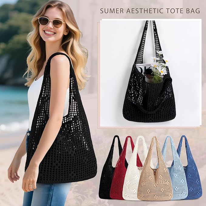 Sightor Crochet Tote Bag, Mesh Beach Bag Knit Summer Hobo Bag Vacation Boho Tote Bag for Women