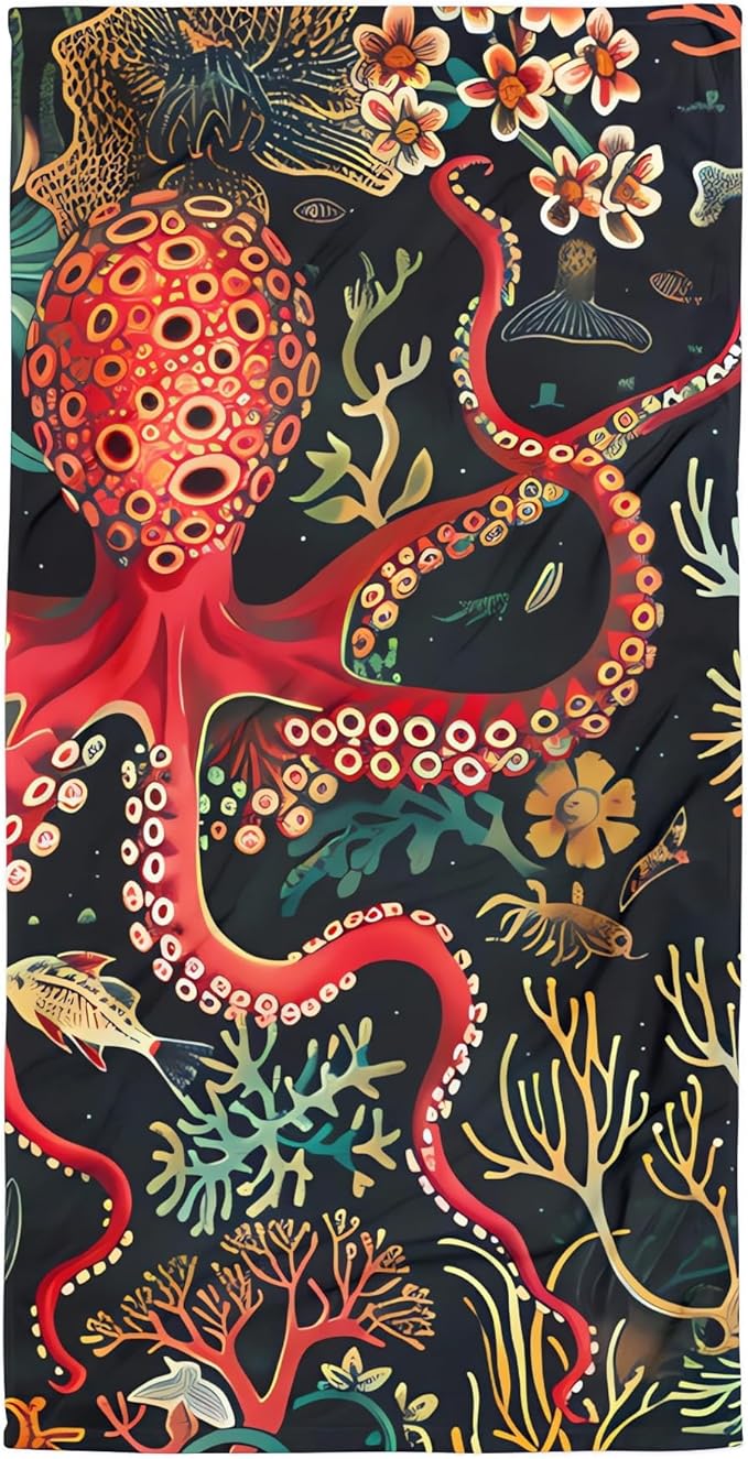 Octopus Red Oversized Sand Free Beach Towel – 71"X32" Lightweight Quick Dry Microfiber Terry Towel For Travel, Swimming, Pool, And Camping, Absorbent And Compact Beach Essential For Women And Men