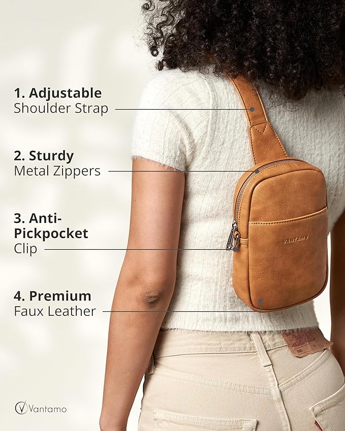 Vantamo Sling Bag for Women Adjustable Strap, RFID & Anti-Pickpocket Clip Cross Body Bags for Women, PU Leather Pack