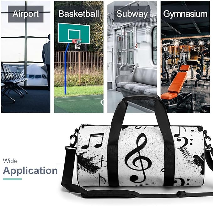 Basketball Football Weekender Bag Dance Sports Gymnastics Bag Lightweight Travel Sports Bags (Black And White Music Notes)