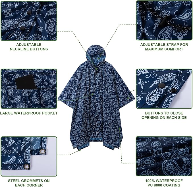 Hooded Rain Poncho for Adults - Waterproof Rain Coat and Lightweight Jacket 3-in-1 Multi-Function with Pockets