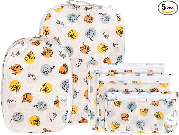 Bumkins Disney Packing Cubes and TSA Approved Pouches for Travel Bag, Organize Luggage with Compression Bags, Essential Traveling Accessories to Pack Clothes, Toiletries, Carryon, 5-pc Winnie the Pooh