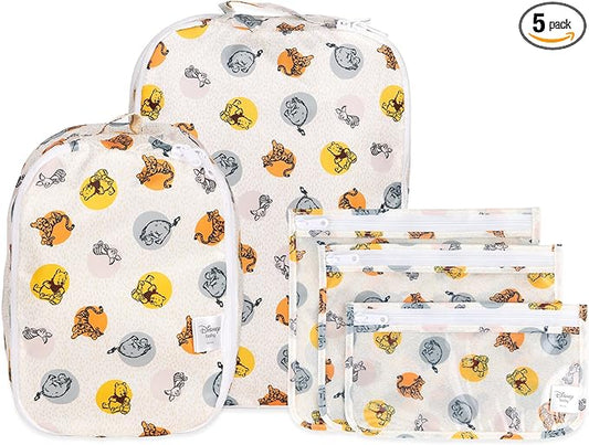 Bumkins Disney Packing Cubes and TSA Approved Pouches for Travel Bag, Organize Luggage with Compression Bags, Essential Traveling Accessories to Pack Clothes, Toiletries, Carryon, 5-pc Winnie the Pooh