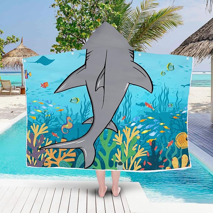 Shark Hooded Beach Towel for Boys, Soft & Absorbent Shark Poncho Towel for Kids, Cool Ocean Animal Design, 30”x50” Blue Shark Hooded Bathrobe for Pool, Swim, and Bath Time