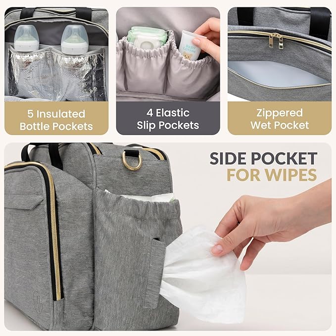 Mellories 4 in 1 Convertible Baby Diaper Bag – Converts from Tote to Backpack, Stroller & Crossbody Diaper Bag – Gray Baby Travel Bag – Gift for Moms