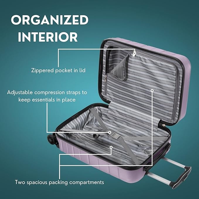 Skyway Epic 2.0 Hardside Lightweight and Durable ABS Shell Luggage, Spacious with 8-Wheel Spinners, Comfort Grip with Telescoping Handle, Men and Women, Silver Lilac, 2-Piece Set (20,24)
