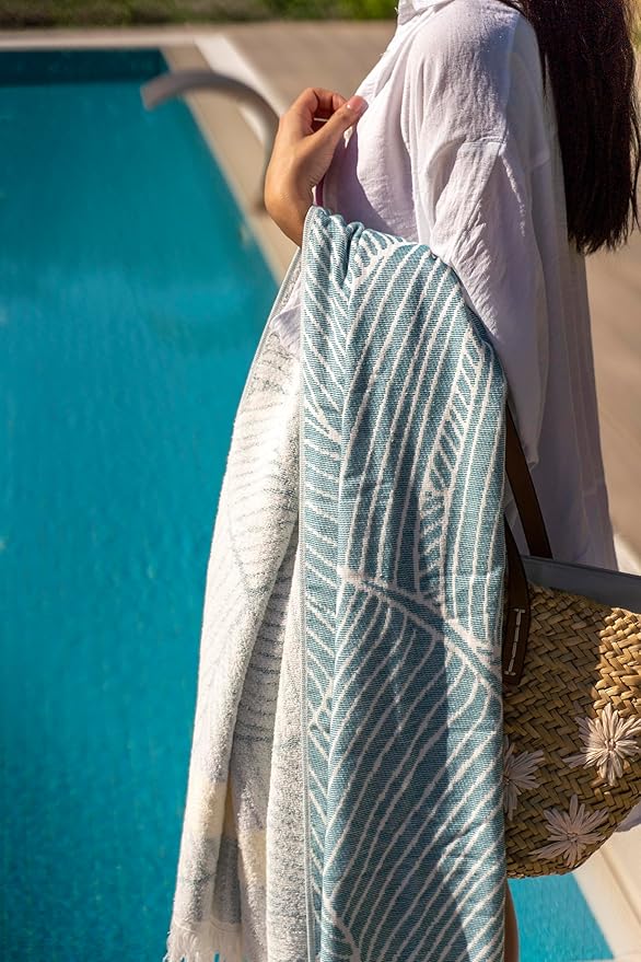 SOFE H&L | LINVIA Foutah Quick Dry Beach Towel Pack of 1 (35” x 70”) Leaves - Green | Lightweight, Premium, Fade Resistant, Durable | Travel Towel, Turkish Beach Towel with Shoulder Strap