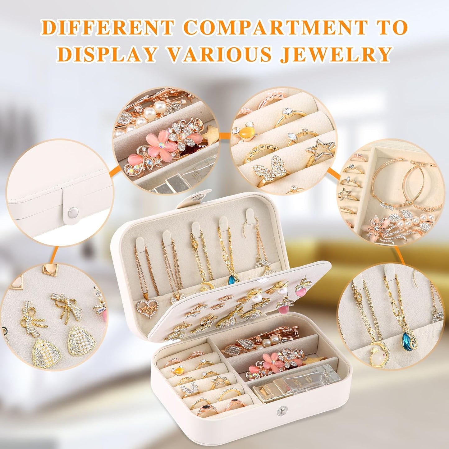Travel Jewelry Box, PU leather Small Jewelry Organizer For Female Girls, double layer portable mini travel case for storing earrings, rings, necklaces.(Bright White 2pcs)