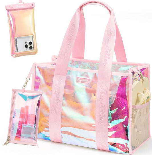 Bagstellar Iridescent Beach Tote Bags for Women, Large Zipper Beach Pool Swim Bag with Makeup Bag & Waterproof Phone Pouch | Waterproof Sandproof, Adjustable Strap, Packable, Foldable, Travel Tote Bags, Vacation Essentials, Gift for Women