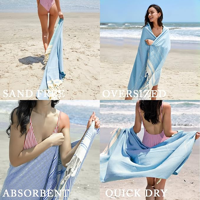 Your Choice Turkish Beach Towel (71x41) - 100% Cotton Turkish Towel, Sand Free Quick Dry Oversized, Lightweight Compact Travel Towel - Color Sky Blue