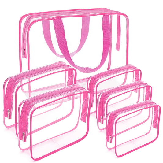 APREUTY Clear Makeup Bags, TSA Approved 6 Pcs Cosmetic Makeup Bags Set Clear PVC with Zipper Handle Portable Travel Luggage Pouch Airport Airline Vacation Organization (Rose Red)