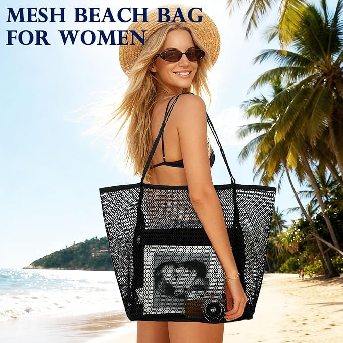 Mesh Beach Bag, Large Beach Tote with Zipper Pocket, Toys Pool Bag for Family Travel Vacation Cruise Essentials