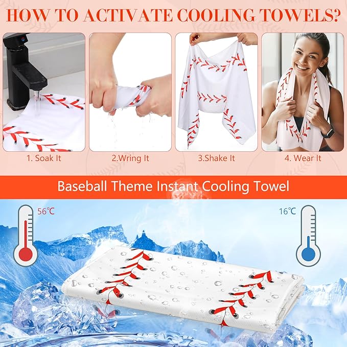 24 Pcs Sport Gifts, Includes 12 Pcs Cooling Towels 40"x12" Workout Towels, 12 Portable Fan Mini Handheld Fan for Team Gift Sport Party Favors, Battery Not Include(White,Baseball)