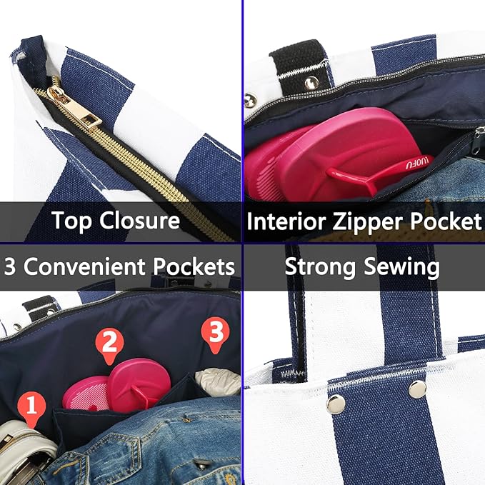 Large Canvas Beach Bag for Women, Beach Bags Waterproof Sandproof with Zipper & Wet Bag Cruise Essentials