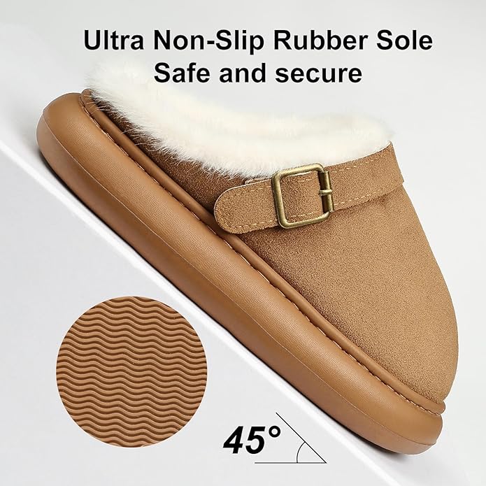 Close Toe Slip On Cotton Slippers with Breathable Faux Fur Memory Foam House Slippers for Women Warm Fuzzy Indoor Slippers with Non-Slip Rubber Sole