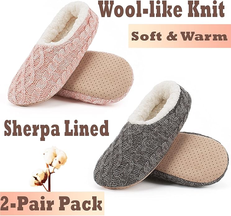 Cozylook 2-Pair Women's Soft Sole Slipper Socks with Grippers, Thick Warm Cozy Sherpa Lined Home Socks Set, Cable Knitted Non-slip Fluffy Winter House Bedroom Slippers
