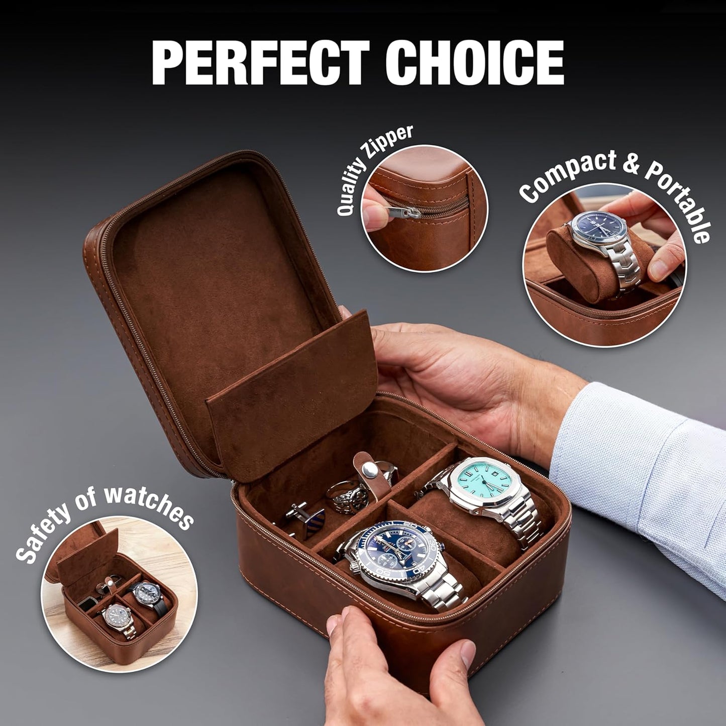 Awesometik 2 Slot Luxury Travel Faux Leather Watch Case. Watch Storage Organizer. Watch Display & Watch Holder. Perfect For Watch Collection. Ready to Gift for Men (2 Slot Watch Case)