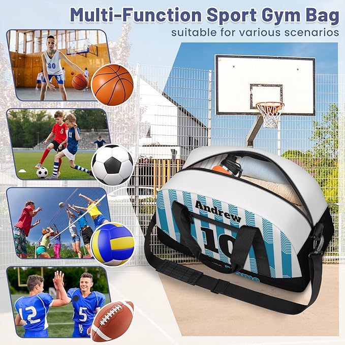 Basketball Soccer Gifts for Boys Girls - Custom Sports Duffle Bag, Personalized Name & Team Bag, Water-Resistant Gym Bag for Basketball, Soccer, Volleyball | Y-Cyan Black