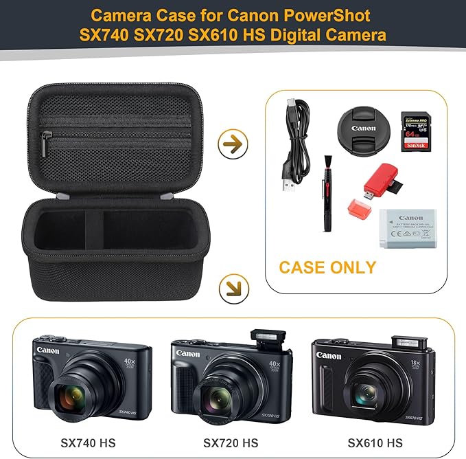 RAIALL Camera Case for Canon PowerShot SX740 HS/ SX730 HS/ SX720 HS/ SX620 HS Digital Camera, 4K Video Camera Hard Carrying Case Protective Travel Bag, Mesh Pocket for Batteries and USB Cable, Black