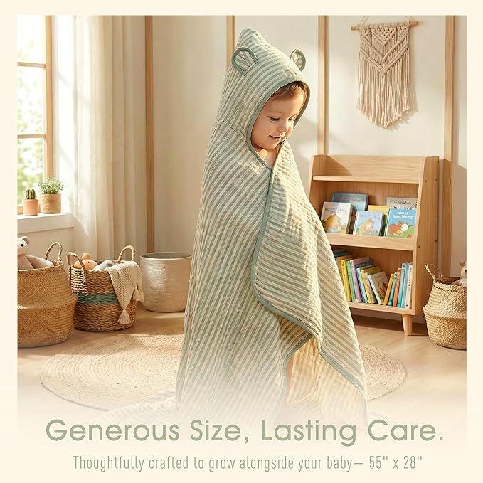 Ultra-Soft Muslin Toddler Hooded Towel – 55 x 28 Inches, Made with Organic Cotton, Gender-Neutral Sage Green Striped Jacquard Pattern, Ideal for Bath & Beach, Newborn to Toddler