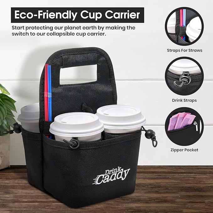 Drink Caddy Portable Drink Carrier and Reusable Coffee Cup Holder - 4 Cup Collapsible Tote Bag with Organizer Pockets Safely Secures Hot and Cold Beverages - Perfect for Food Delivery and Take Out
