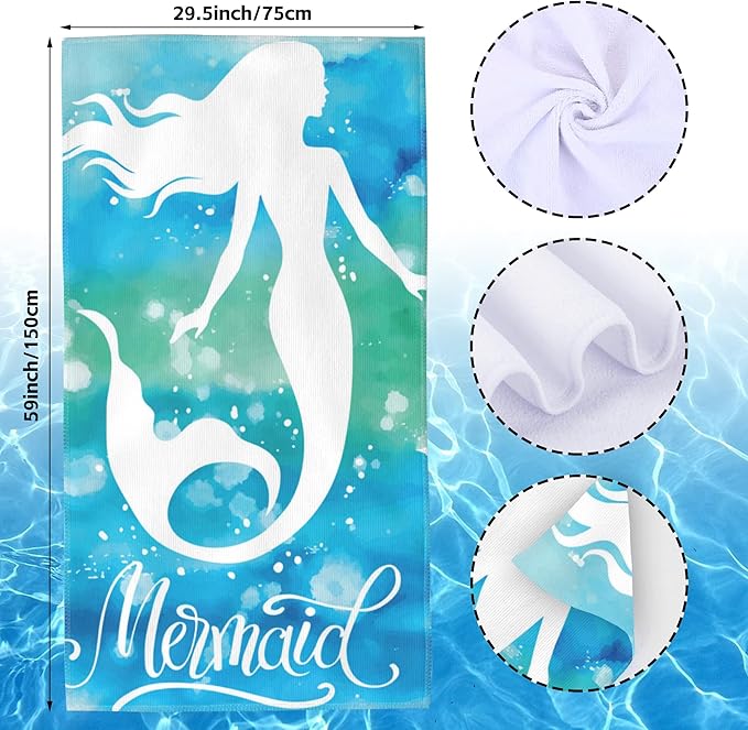 Microfiber Beach Towels,Watercolor Mermaid on Blue Green Sea Water Oversized Absorbent Bath Towels,Soft Quick Dry Thin Camping Towel for Adults Women Men,29.5"×59"
