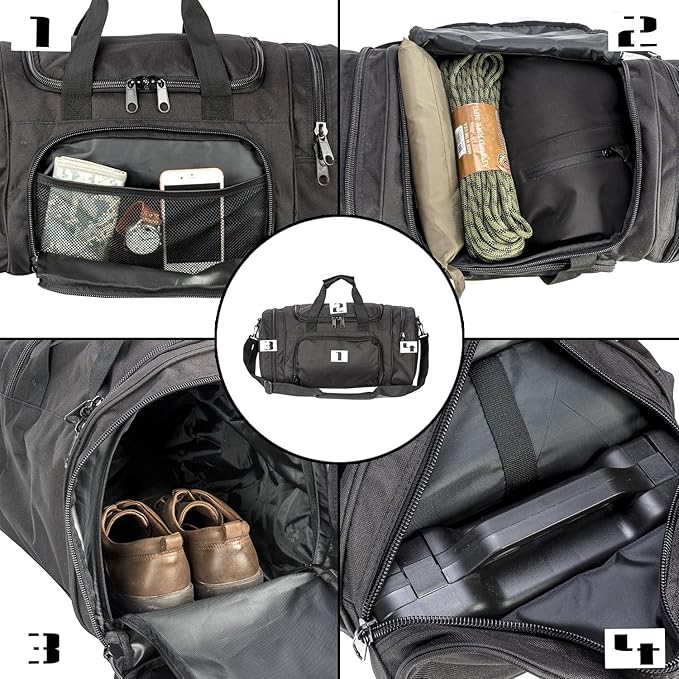 Small Duffel Bag Military Tactical Outdoor Gym Bag with Shoes Compartment for Sports Camping Hunting (Black)