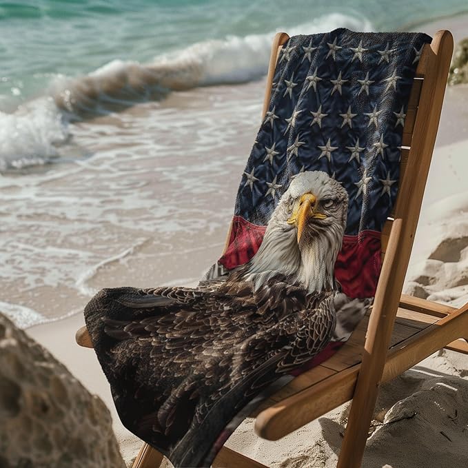 Patriotic American Eagle Beach Towel 30”x60” – 100% Cotton Velour, Absorbent, Quick-Dry, Easy-Pack for Spring Break, Vacation, Beach, Pool, or Sunbathing – Lightweight, Compact – USA Novelty Gift