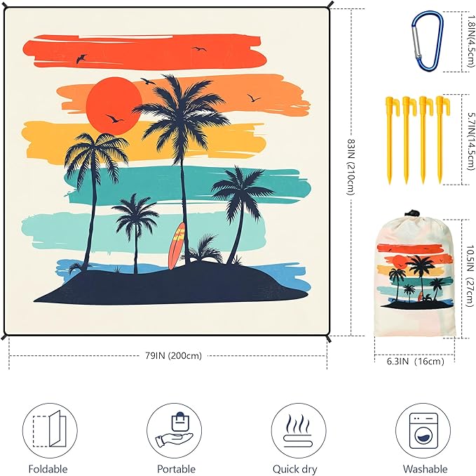 Beach Blanket Waterproof Sandproof Beach Mat 79”x 83” for 1-8 Adults Quick Drying Durable Outdoor Picnic Mat for Beach Festival Travel Camping Hiking (Rainbow Cocotree-YL, 79"×83"(4 Person))