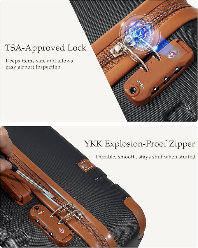 LONG VACATION Luggage Sets 5 Piece, Suitcases With Wheels, PC+ABS Hardshell Luggage Set with Spinner Wheels, TSA Lock (Black Brown)