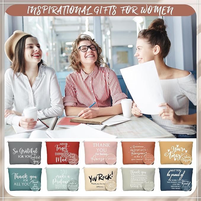 20 Pcs Employee Appreciation Gifts For Women Inspirational Canvas Makeup Bags Portable Compact Mirror Bulk Cosmetic Bags Thank You Gifts for Social Worker Coworkers (Praise,Vintage)