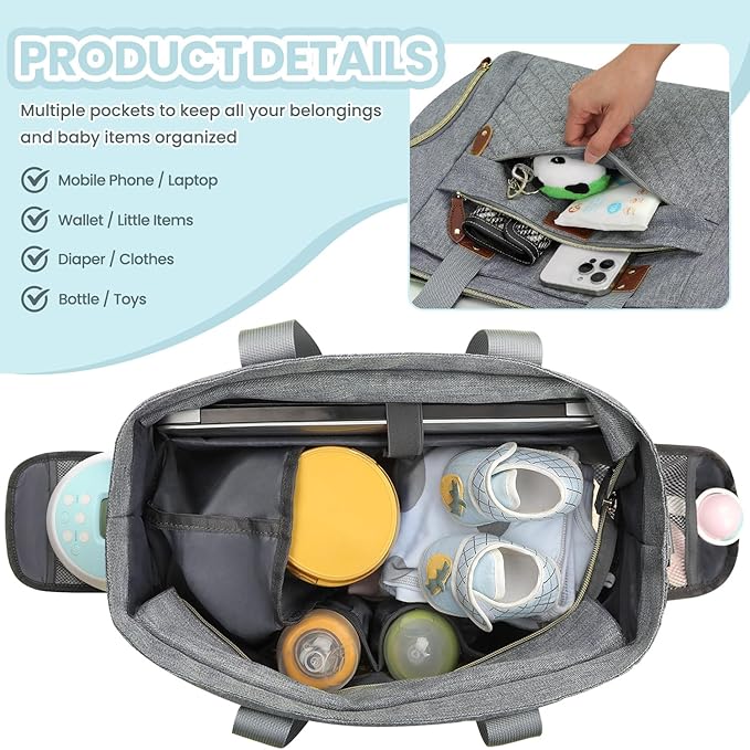 Diaper Bag Tote for Working Mom, Large Travel Diaper Tote for Mom and Dad with 14 Inch Laptop Sleeve, Mommy Maternity Travel Baby Bag for Boys and Girls, Grey