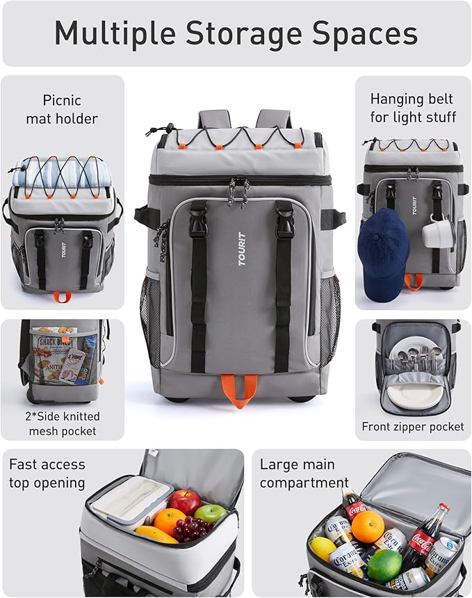 TOURIT 50-Can Rolling Backpack, Double Deck & Dual-Bar Handle Travel Soft Cooler Bag with Wheels, 30L Space Beach Cooler Size 18"(15"+3")×13"×11"