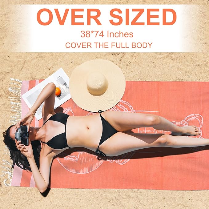 Oversized Cotton Turkish Beach Towels 72"x36" Lightweight Quick Dry Sandless Pool Swim Towel Large No Sand Adult Travel Compact Blanket Essentials Cruise Accessories Must Haves Orange lobster