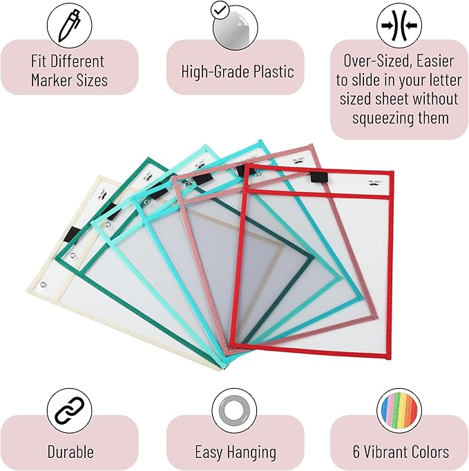 Mr. Pen- Dry Erase Pocket Sleeves, 10"x14", 6 pcs, Colorful Plastic Sleeves for Paper 8.5x11
