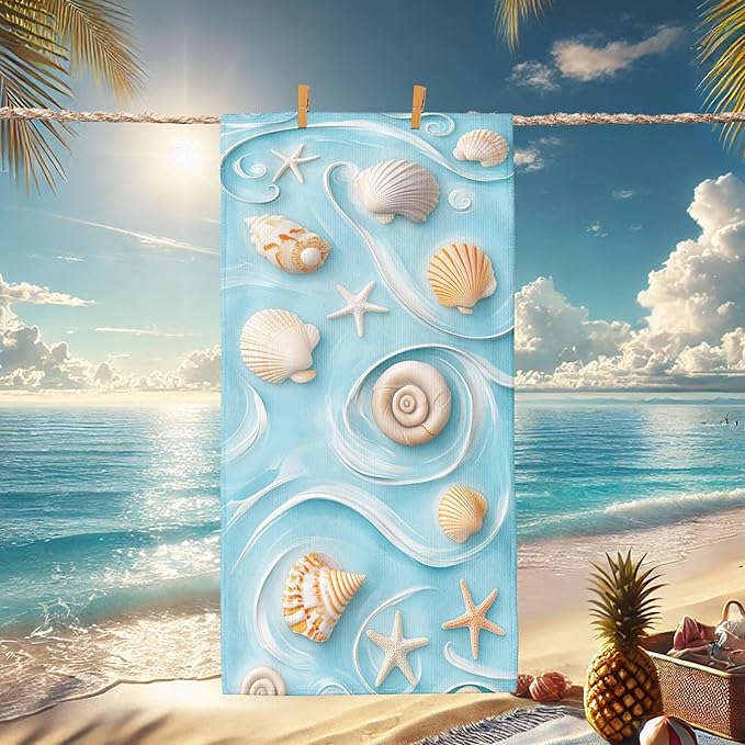Ocean-Themed Microfiber Beach Towel Light Blue Beach Shells Design, Quick Dry Absorbent Sand Free Lightweight Travel Essentials, Perfect for Pool Gym Vacation Camping 70x35 Inch