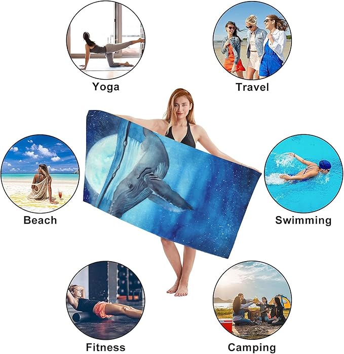 Beach Towel,Watercolor Blue Whale in Sea at Moon Night Lightweight Compact Sand Free Quick Dry Oversized Pool Swimming Towels for Girls Women Adults,29.5"×59"
