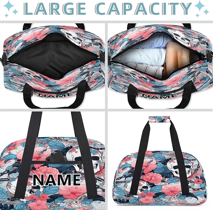 Sugar Skull Mini Gym Bag 18 inch for Women Men Waterproof Custom Skull and Flowers Travel Duffel Bag Carry On Overnight Tote Nurse Bag for Work Fitness Hiking