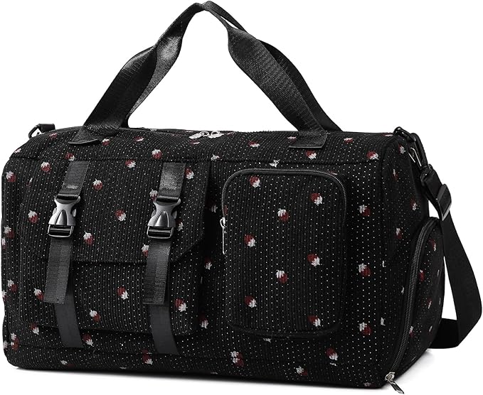 MYHOZEE Strawberry Corduroy Duffel Bag for Women, Gym Bag with Shoe Compartment & Wet Dry Pocket, Lightweight Travel Bag with Adjustable Strap, Sports Weekender Overnight Bag for Work Swimming Yoga