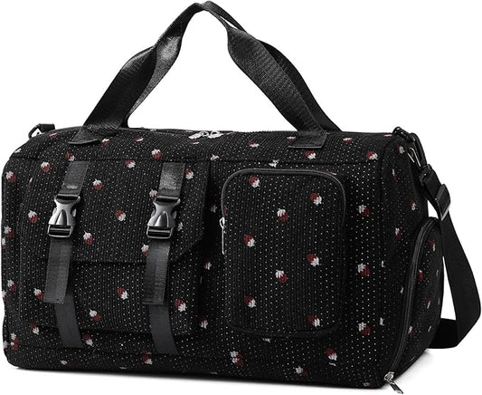 MYHOZEE Strawberry Corduroy Duffel Bag for Women, Gym Bag with Shoe Compartment & Wet Dry Pocket, Lightweight Travel Bag with Adjustable Strap, Sports Weekender Overnight Bag for Work Swimming Yoga