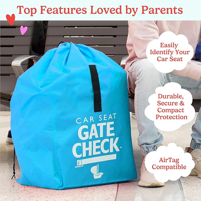 J.L. Childress Gate Check Travel Bag for Car Seats - Car Seat Travel Bag for Airplane, Includes AIRTAG Holder, Fits All Baby Carriers, Infant Carriers & Child Booster Seats - Neon Blue